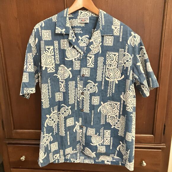 Pacific Legend Mens Large Hawaiian Shirt Blue Short Sleeve Wood Buttons Turtle - Picture 1 of 9